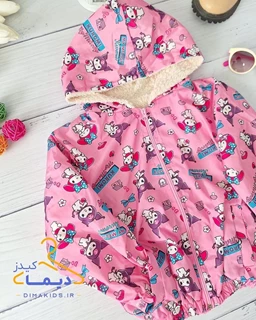 بارانی دخترانه خزدار صورتی طرح کرومی و ملودی