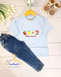 تیشرت گلدوزی آبی طرح تابستونی 