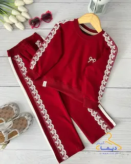 ست بلوز و شلوار آلبالویی طرح تور دوزی پروانه ای