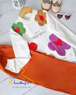 ست بلوز و شلوار بگ سفید آجری طرح گلسا