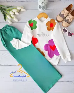 ست بلوز و شلوار بگ سفید سبز طرح گلسا