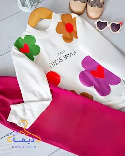 ست بلوز و شلوار بگ سفید سرخابی طرح گلسا