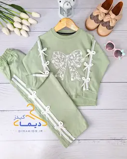 ست بلوز و شلوار دورس سبز سدری طرح دانتل پاپیونی  