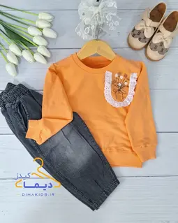 ست بلوز و شلوار دورس مرجانی شلوار جین زغال سنگی طرح جیب دانتلی