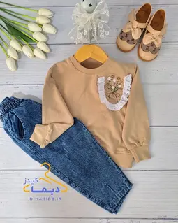 ست بلوز و شلوار دورس نسکافه ای شلوار جین آبی طرح جیب دانتلی