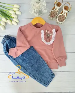 ست بلوز و شلوار دورس کالباسی شلوار جین آبی طرح جیب دانتلی