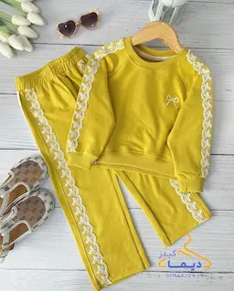 ست بلوز و شلوار زرد طرح تور دوزی پروانه ای