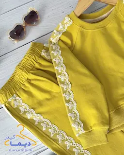 ست بلوز و شلوار زرد طرح تور دوزی پروانه ای