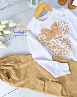 ست بلوز و شلوار سفید نسکافه ای طرح میکی موس پلنگی