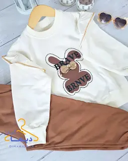 ست بلوز و شلوار شیری نسکافه ای طرح خرگوش