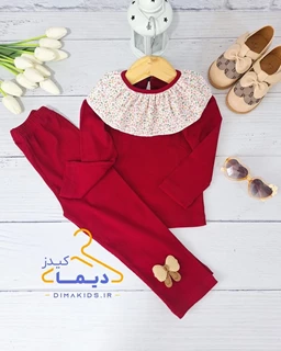 ست بلوز و شلوار کبریتی آلبالویی طرح یقه چین گلدار