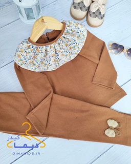 ست بلوز و شلوار کبریتی نسکافه ای طرح یقه چین گلدار