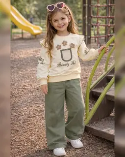 ست بلوز و شلوار کرم سبز طرح سبد گل نگینی