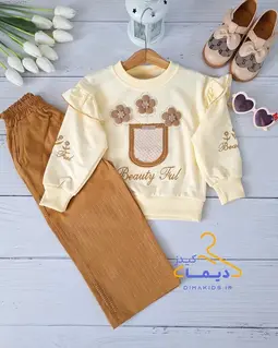 ست بلوز و شلوار کرم شکلاتی طرح سبد گل نگینی