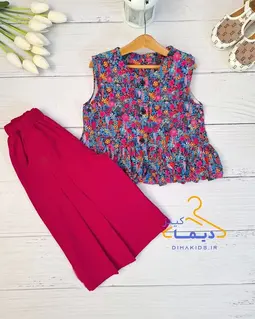 ست تاپ و شلوارک سرخابی طرح گلهای رنگی 