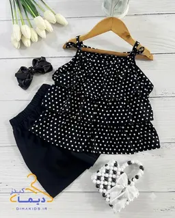 ست تاپ و شلوارک مشکی طرح چین طبقه ای توپی سفید