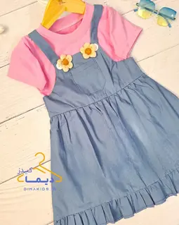 ست تیشرت و سارافان آبی صورتی طرح عروسکی