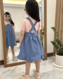 ست تیشرت و سارافان آبی صورتی طرح عروسکی