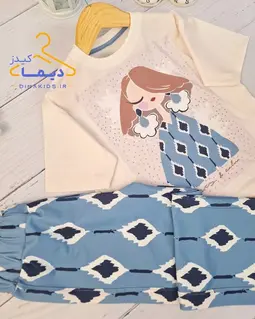 ست تیشرت و شلوار سفید آبی طرح لوزی