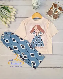 ست تیشرت و شلوار سفید آبی طرح لوزی