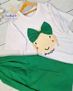ست تیشرت و شلوار سفید سبز طرح دختر گیس بافت پاپیونی