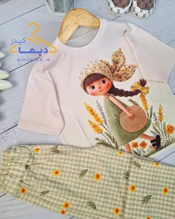 ست تیشرت و شلوار سفید سبز طرح دختر کلاه حصیری