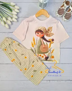 ست تیشرت و شلوار سفید سبز طرح دختر کلاه حصیری