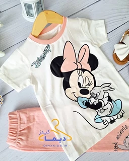 ست تیشرت و شلوار سفید صورتی کمرنگ طرح میکی موس