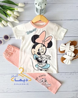 ست تیشرت و شلوار سفید صورتی کمرنگ طرح میکی موس