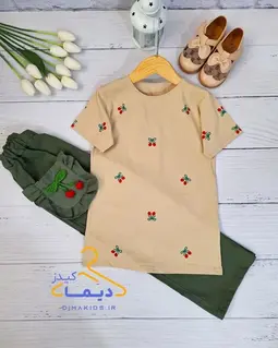 ست تیشرت و شلوار کرم سبز طرح گیلاس