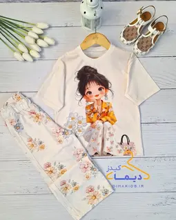 ست تیشرت و شلوار کرم طرح دختر گوشواره نگین دار