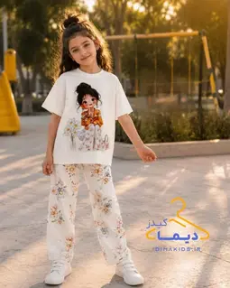 ست تیشرت و شلوار کرم طرح دختر گوشواره نگین دار