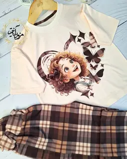 ست تیشرت و شلوار کرم قهوه ای طرح دختر پروانه ای 