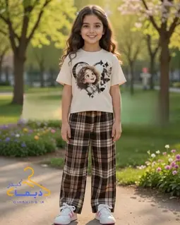 ست تیشرت و شلوار کرم قهوه ای طرح دختر پروانه ای 