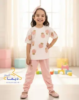 ست تیشرت و شلوار گلبهی صورتی طرح توت فرنگی