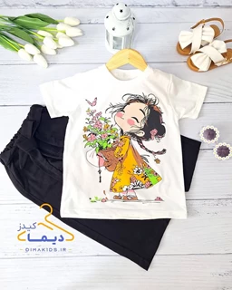 ست تیشرت و شلوارک سفید طرح دختر سبد گلدار
