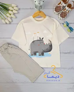 ست تیشرت و شلوارک سفید طوسی طرح اسب آبی