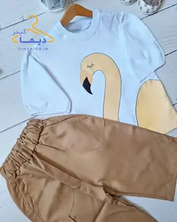 ست تیشرت و شلوارک سفید نسکافه ای طرح فلامینگو
