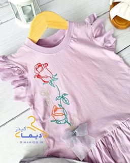 ست تیشرت و شلوارک سوسنی طوسی طرح شاخه گل رز