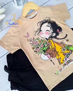 ست تیشرت و شلوارک نسکافه ای روشن طرح دختر سبد گلدار
