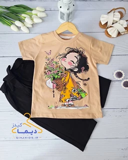 ست تیشرت و شلوارک نسکافه ای روشن طرح دختر سبد گلدار