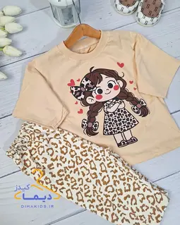 ست تیشرت و شلوارک نسکافه ای طرح دختر پلنگی