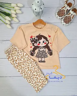 ست تیشرت و شلوارک نسکافه ای طرح دختر پلنگی