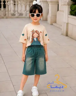 ست تیشرت و شلوارک کرم فیروزه ای تیره طرح پرنسس و پیشی