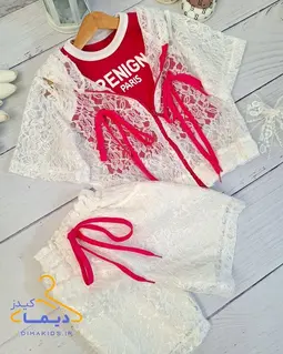 ست سه تکه بامبر و کراپ و شلوارک سفید سرخابی طرح گیپوری