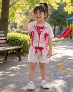 ست سه تکه بامبر و کراپ و شلوارک سفید سرخابی طرح گیپوری