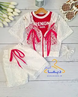 ست سه تکه بامبر و کراپ و شلوارک سفید سرخابی طرح گیپوری