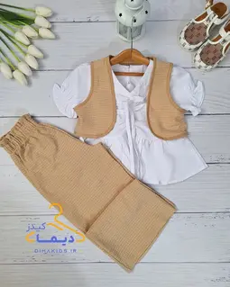ست سه تکه بلوز و شلوار و وست سفید کرم طرح مراکشی