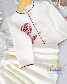 ست سه تکه کت و تاپ و دامن نباتی طرح رز گلدوزی آلبالویی