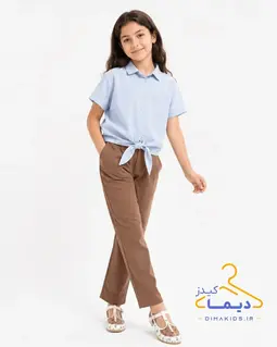 ست شومیز و شلوار آبی نسکافه ای طرح گره ای 